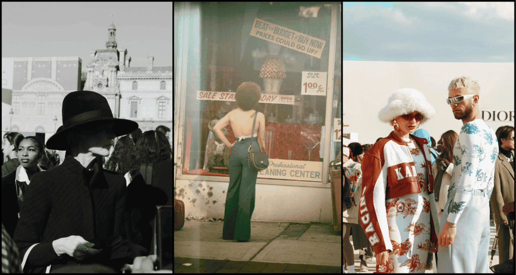 Un triptyque illustrant trois moments distincts de la mode : une image en noir et blanc d'une personne portant un chapeau et un manteau chics dans une foule, une photo d'inspiration vintage d'une femme en jean évasé regardant une vitrine, et une photo moderne de style urbain d'un duo à la mode dans des tenues audacieuses.