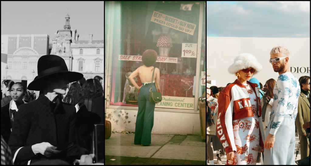 A triptych showing three distinct fashion moments: a black-and-white image of a person in a chic hat and coat in a crowd, a vintage-inspired photo of a woman in flared jeans looking at a storefront, and a modern street-style shot of a fashionable duo in bold outfits.