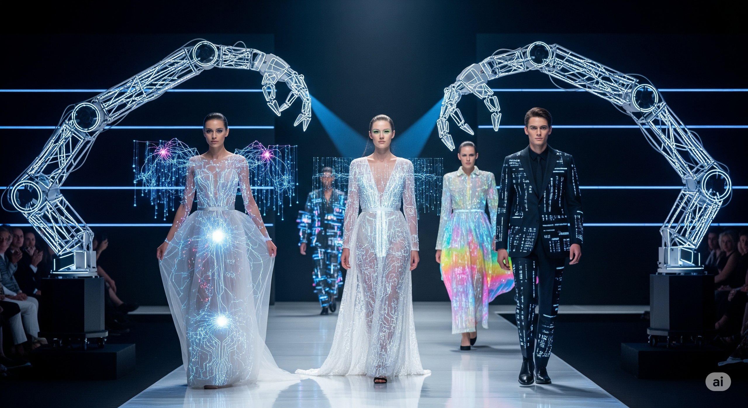 Models walk down a futuristic fashion runway. They wear haute couture garments incorporating luminous and technological elements. Two stylized, luminous robotic arms frame the scene above the runway, with the word “AI” displayed prominently in the center. The scene is dark and elegant, lit by neon lights and data projections.