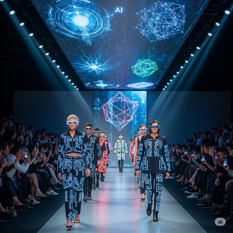 Models walk down a fashion runway wearing futuristic outfits with glowing, circuit-like patterns. The audience on both sides of the runway is watching and taking pictures. A large screen above the runway displays abstract, AI-generated visuals.