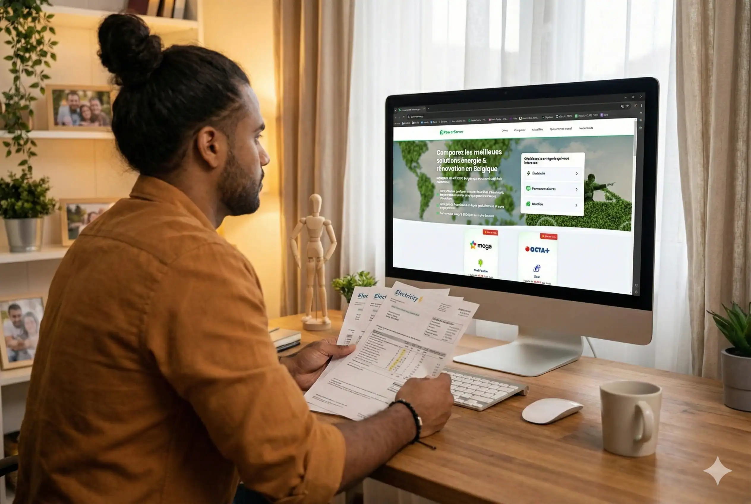 A man sitting at his desk and holding is electricity bills in his hands, comparing different offers on www.powersaver.enery