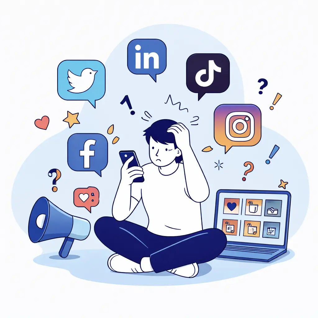 Illustration d’un entrepreneur submergé par plusieurs réseaux sociaux, hésitant devant son smartphone, entouré d’icônes de plateformes sociales.