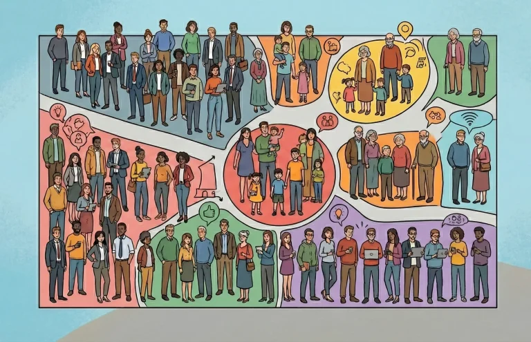 Illustration de segmentation marketing montrant divers groupes de personnes (familles, professionnels, seniors, jeunes connectés) répartis dans des zones colorées distinctes.
