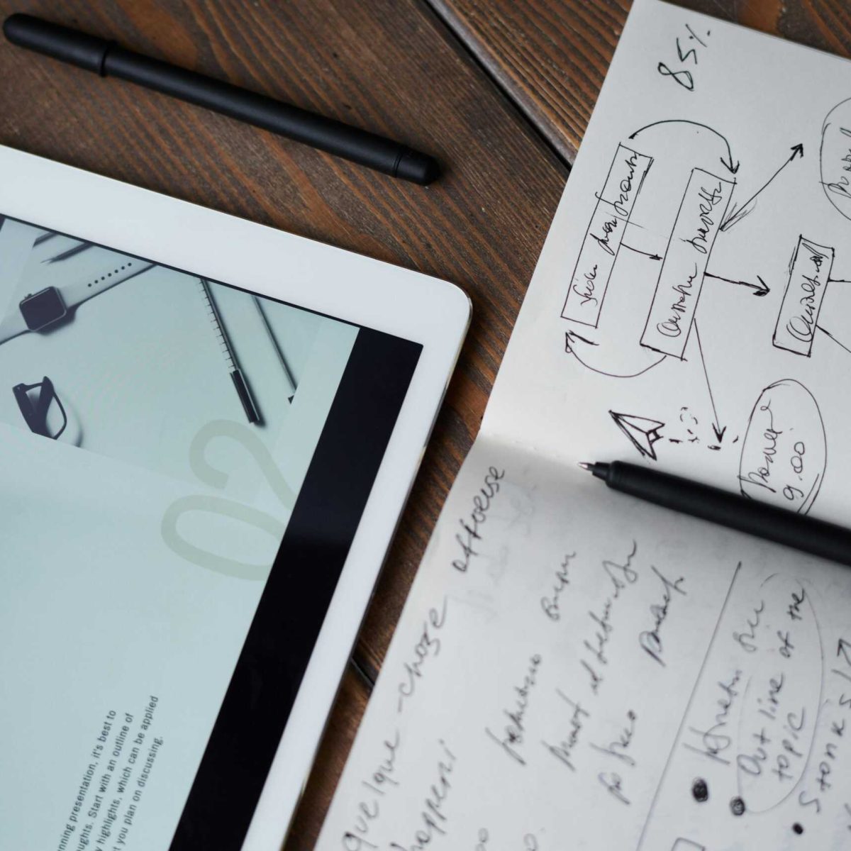 A tablet displaying a presentation and an open notebook with handwritten notes and a mind map, placed on a wooden table with two black pens.